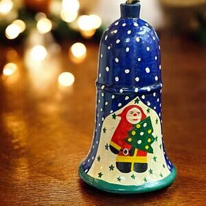 Vintage Hand Painted Santa Bell Ornament Lacquered Christmas Holiday Ornament
